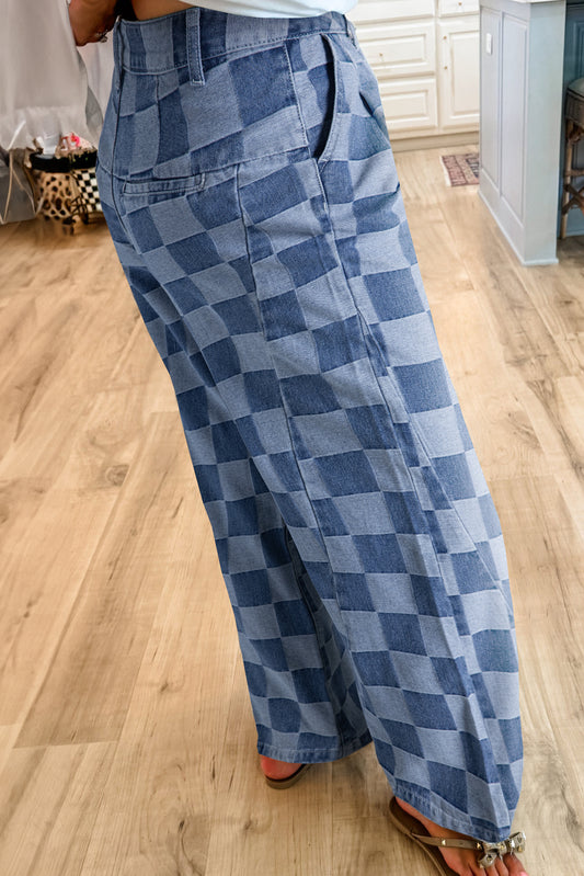 Blue Checkered Light Washed Wide Leg Jeans