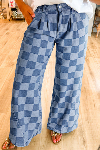 Blue Checkered Light Washed Wide Leg Jeans