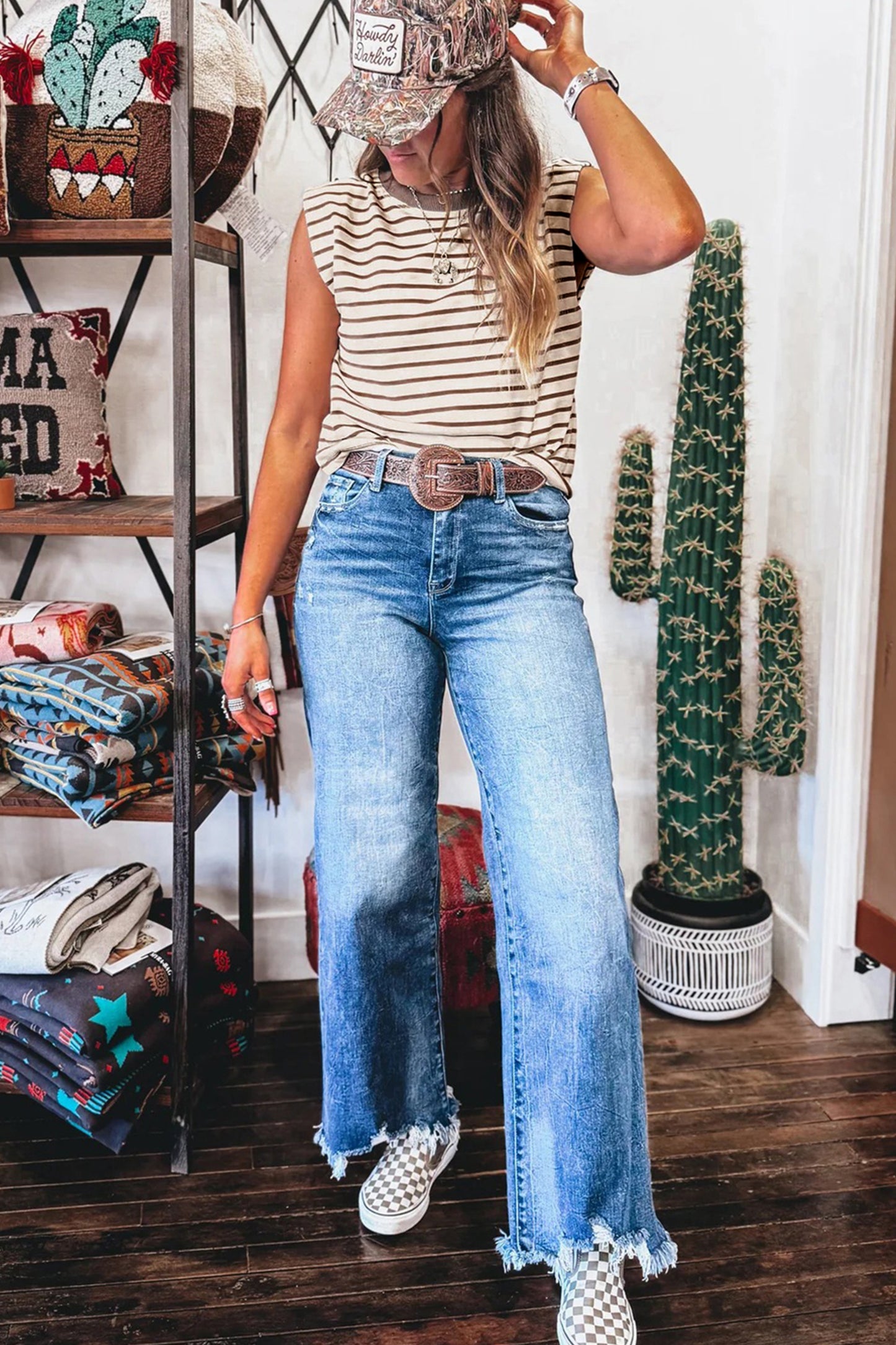 Brown Stripe Ribbed Loose Tank Top