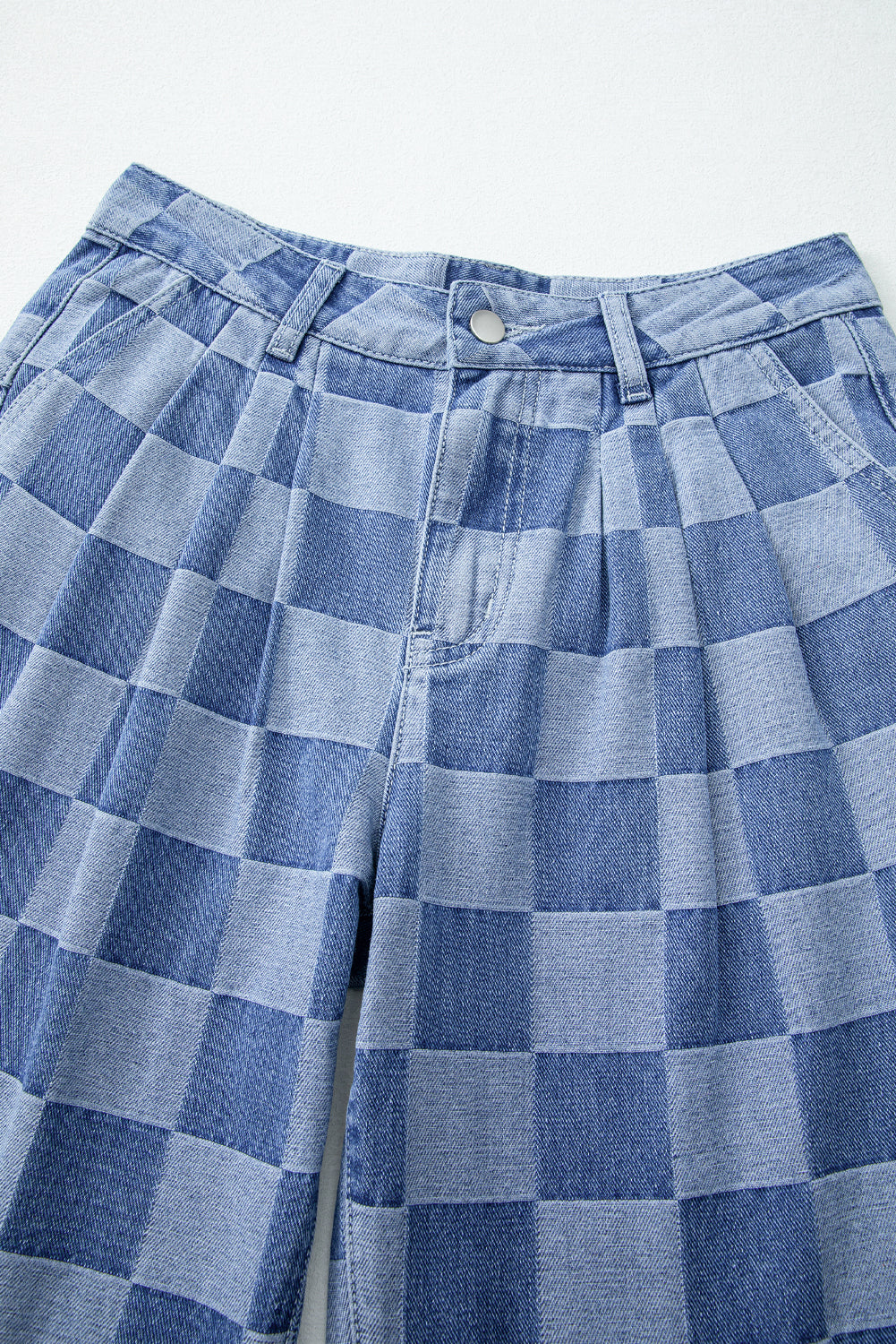 Blue Checkered Light Washed Wide Leg Jeans