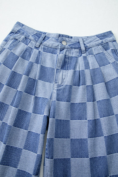 Blue Checkered Light Washed Wide Leg Jeans