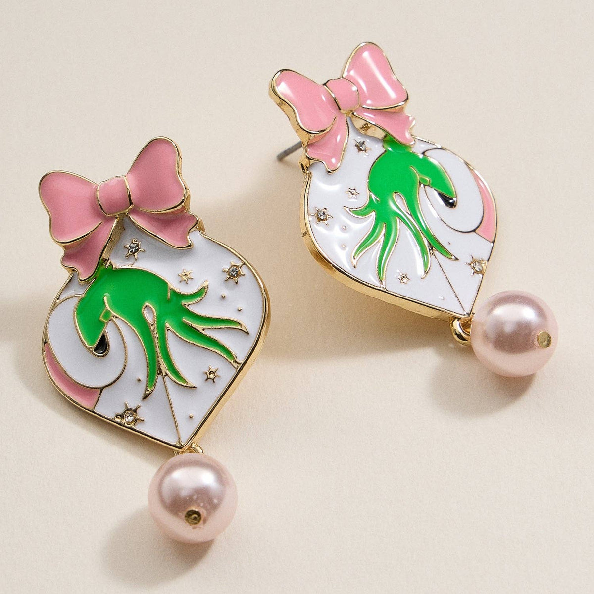 Green Monster Pink Heart Pearl Drop Earrings