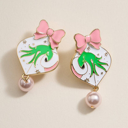Green Monster Pink Heart Pearl Drop Earrings