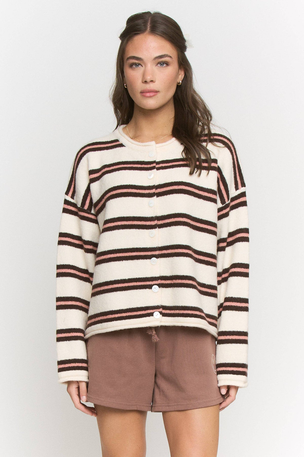 Pink and Brown Stripe Knit Cardigan