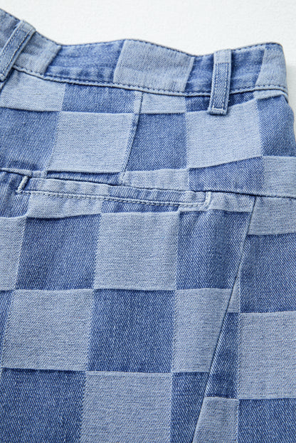 Blue Checkered Light Washed Wide Leg Jeans
