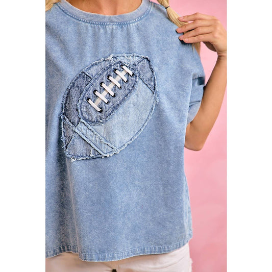 Gameday Denim Football Appliqué T Shirt