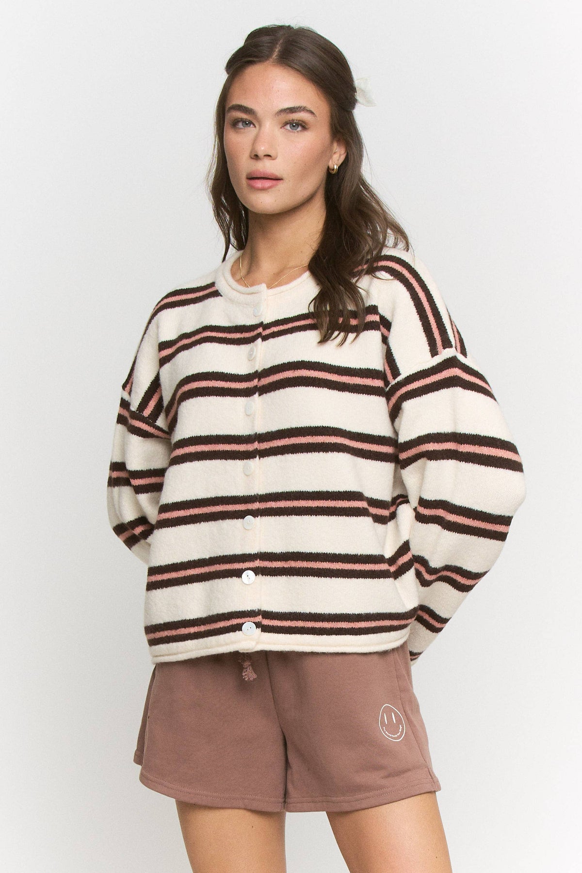 Pink and Brown Stripe Knit Cardigan