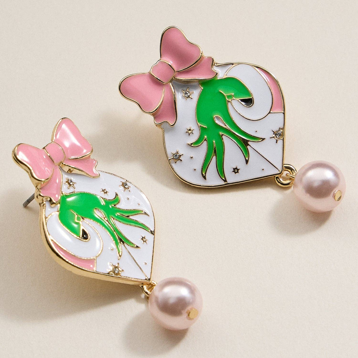 Green Monster Pink Heart Pearl Drop Earrings