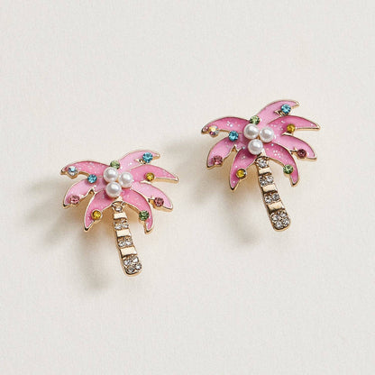 Pink Christmas Palm Tree Stud Earrings