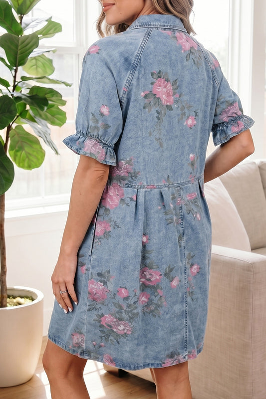 Floral Print Denim Short Sleeve Button Down Dress