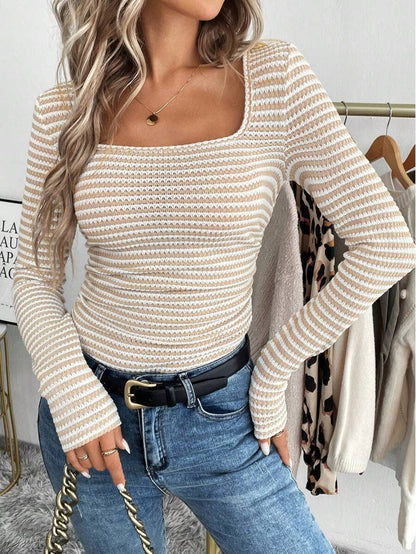 Tan Striped Square Neck Knit Top