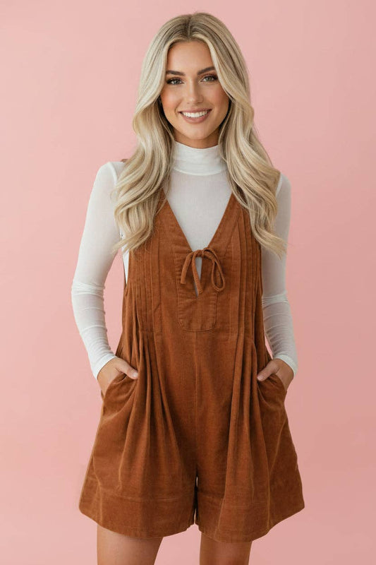 Brown Corduroy V-Neck Sleeveless Romper