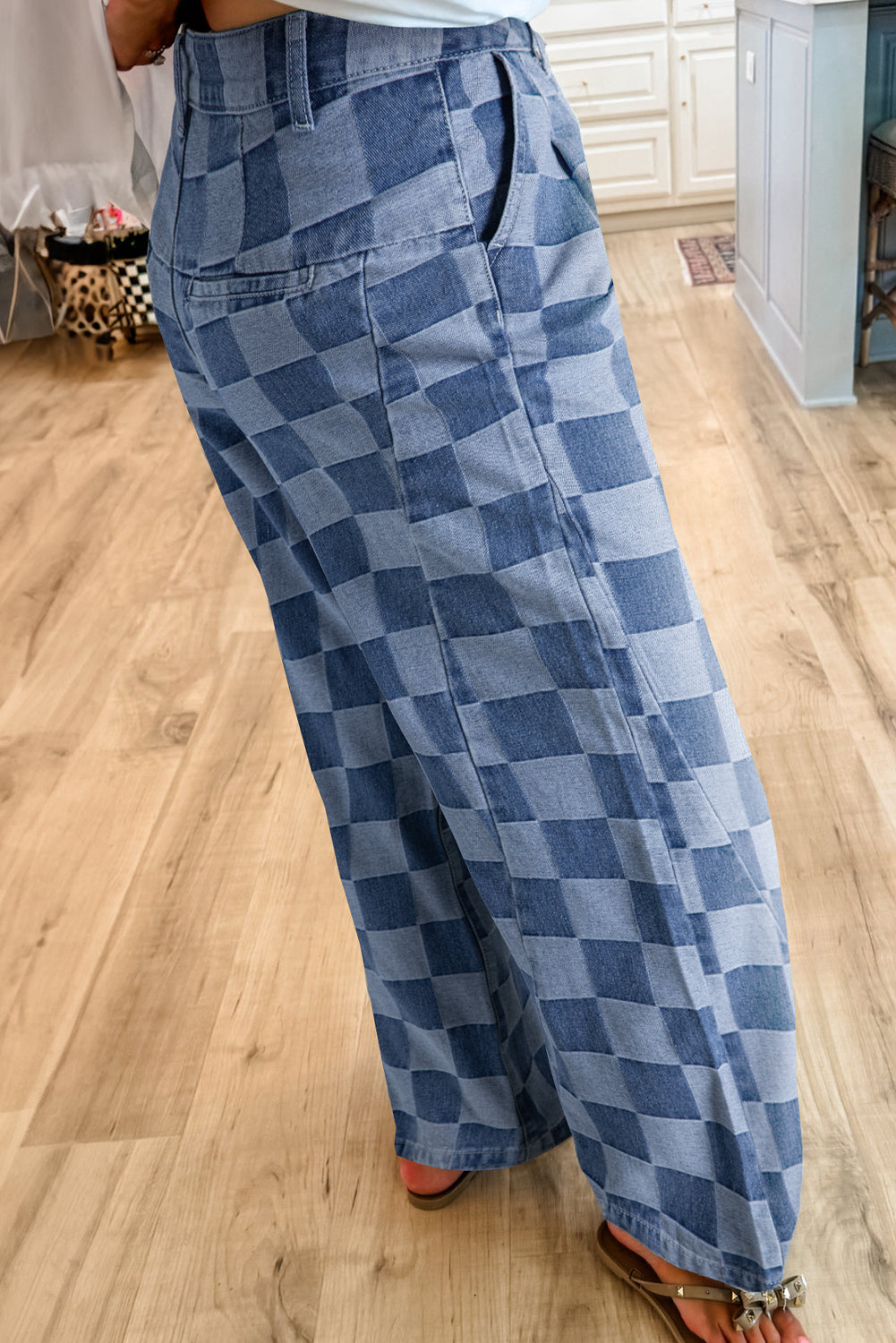 Blue Checkered Light Washed Wide Leg Jeans