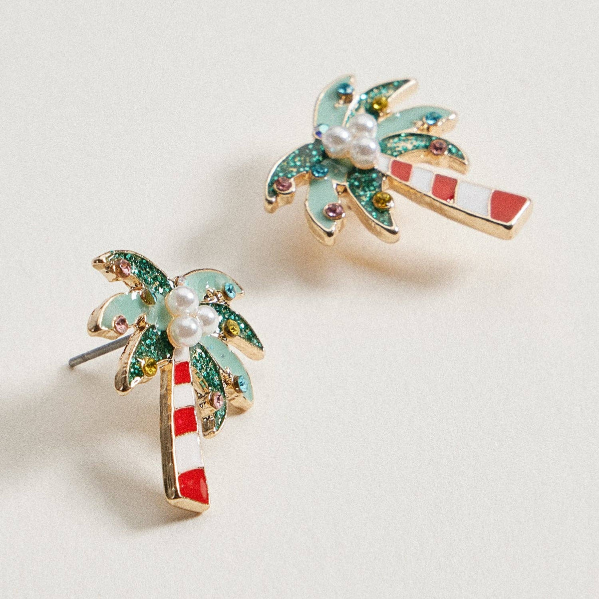Green Christmas Palm Tree Stud Earrings