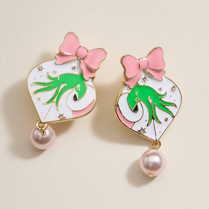 Green Monster Pink Heart Pearl Drop Earrings