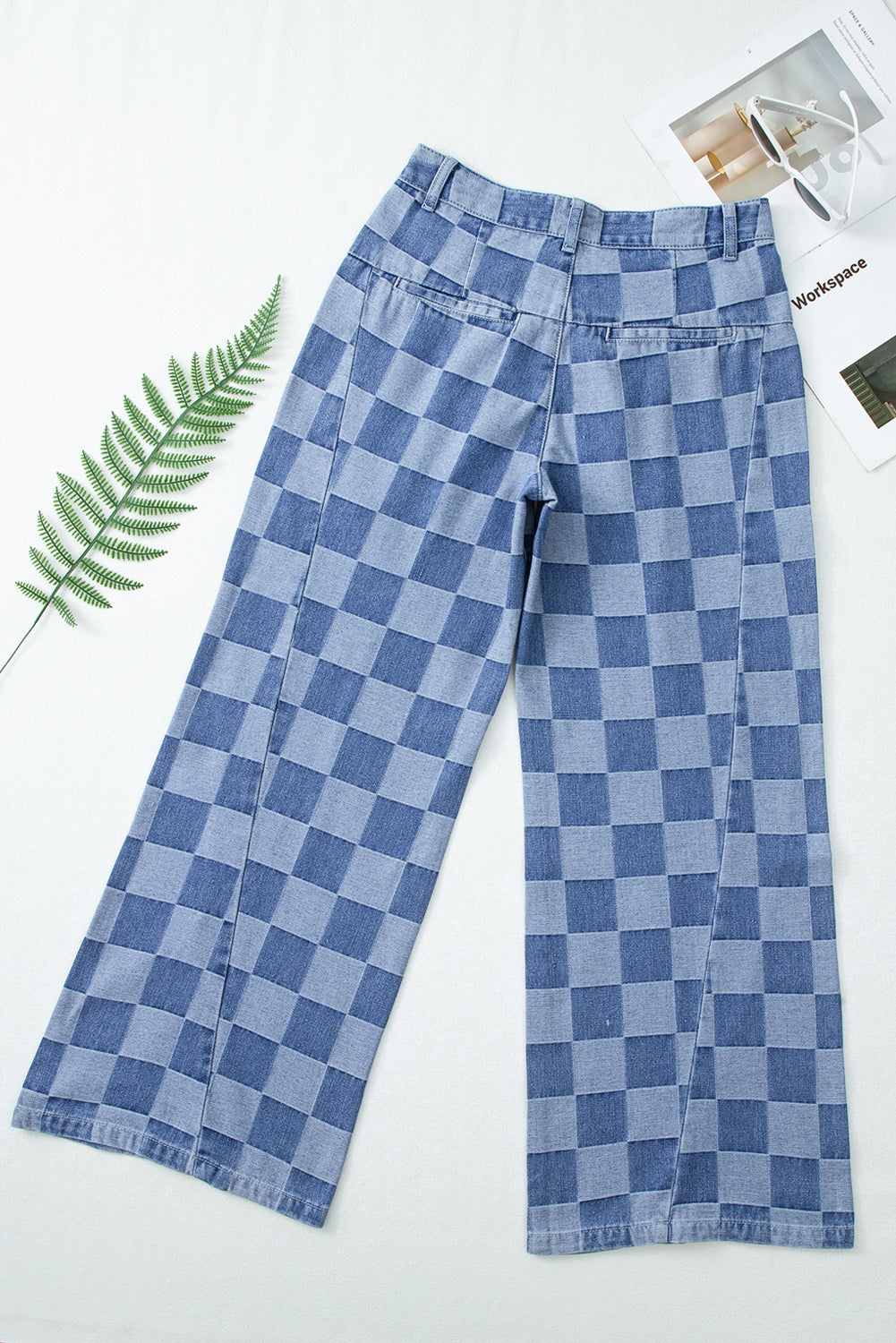 Blue Checkered Light Washed Wide Leg Jeans