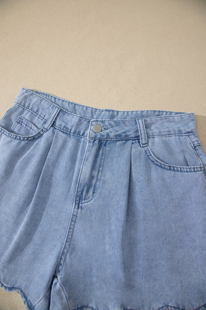 Light Wash Scalloped Trim Denim Shorts