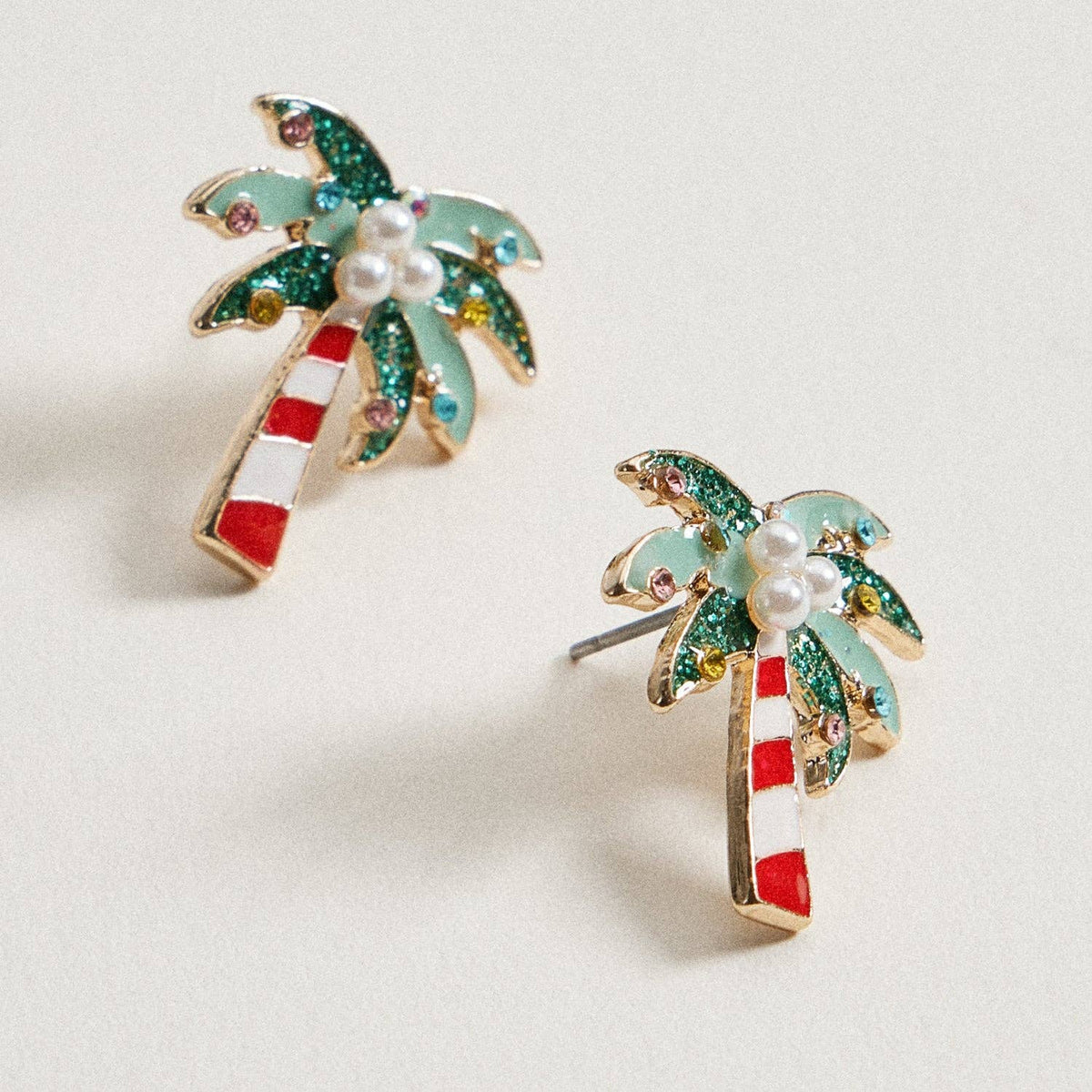 Green Christmas Palm Tree Stud Earrings