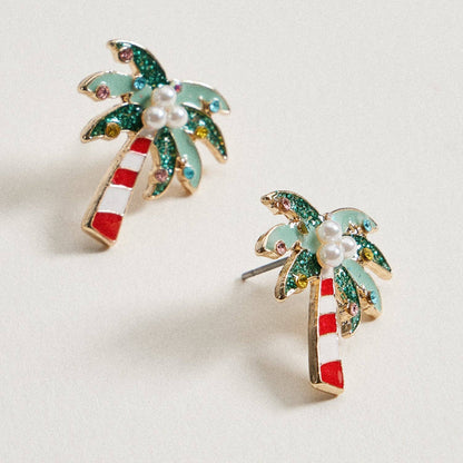 Green Christmas Palm Tree Stud Earrings