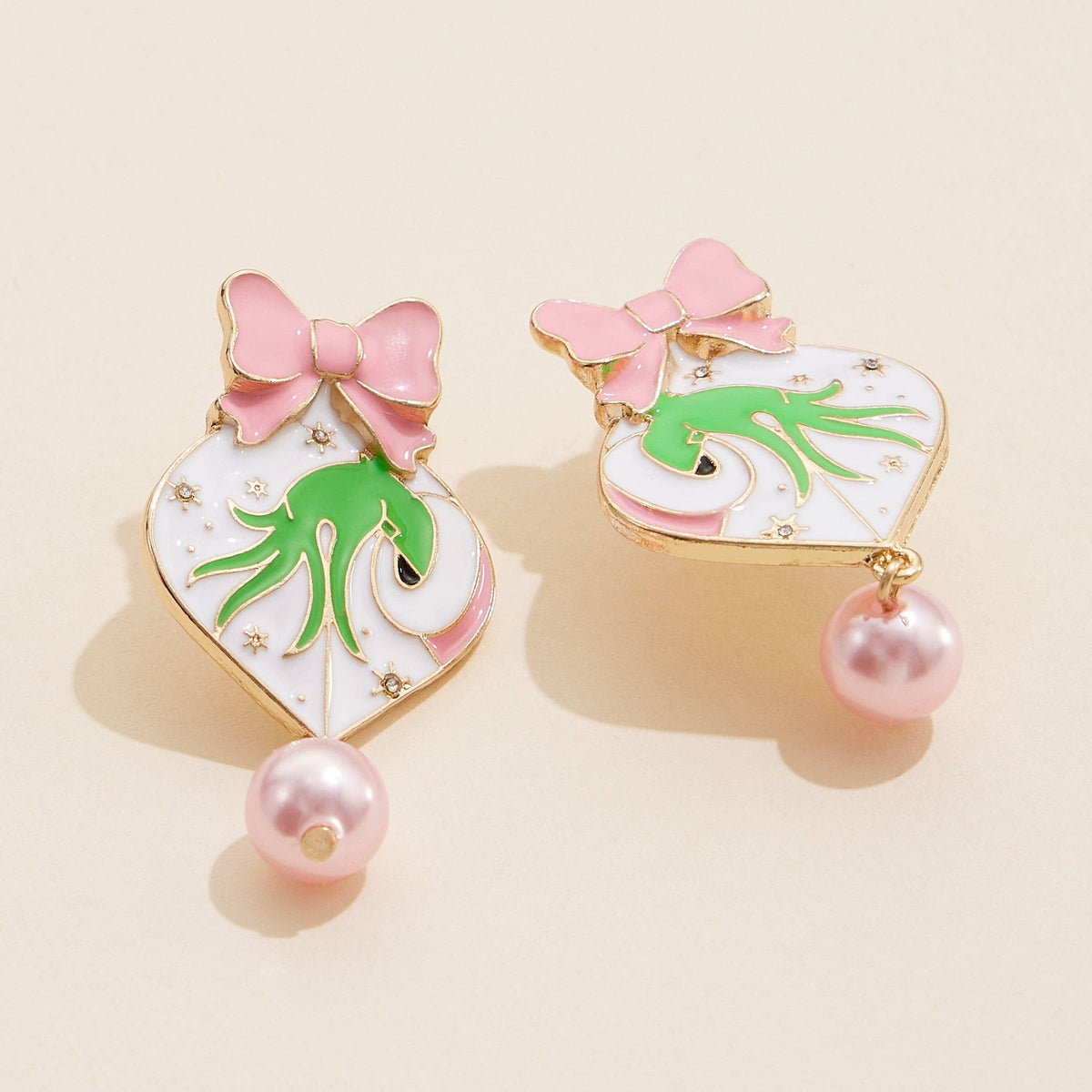 Green Monster Pink Heart Pearl Drop Earrings