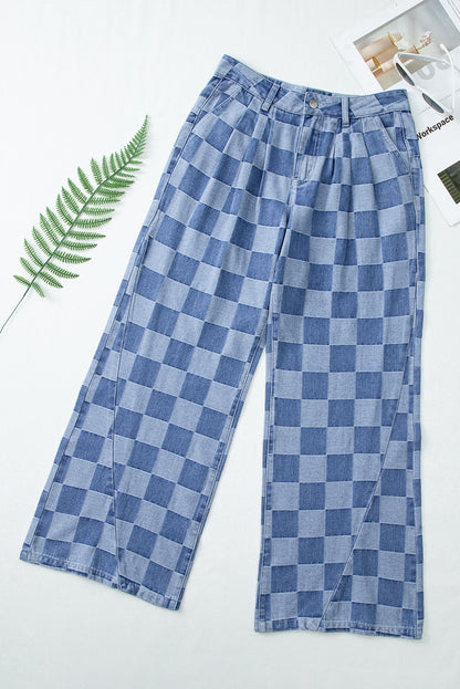 Blue Checkered Light Washed Wide Leg Jeans