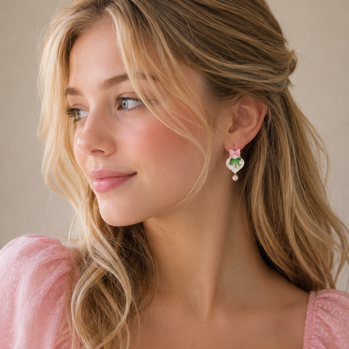 Green Monster Pink Heart Pearl Drop Earrings