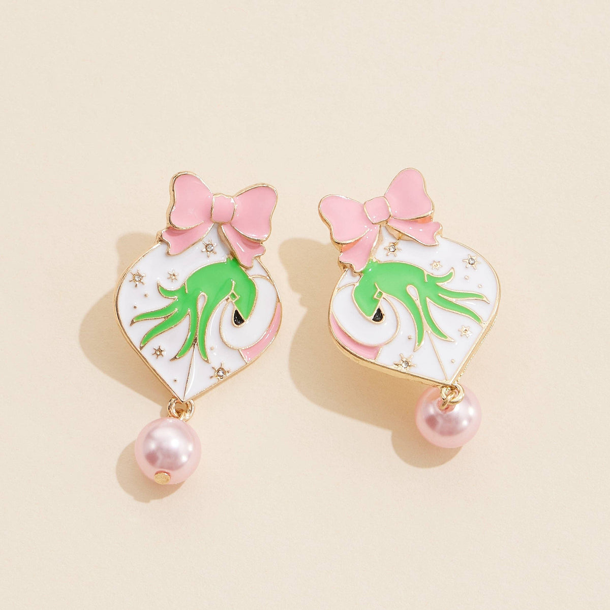 Green Monster Pink Heart Pearl Drop Earrings