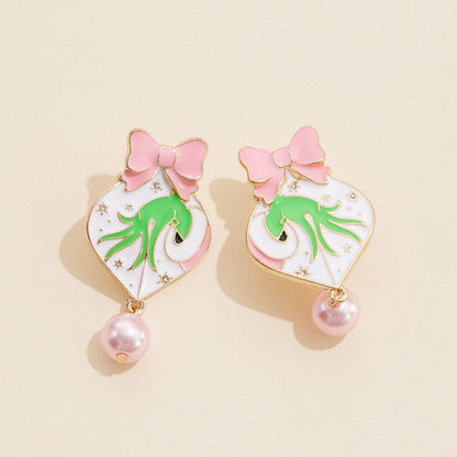 Green Monster Pink Heart Pearl Drop Earrings