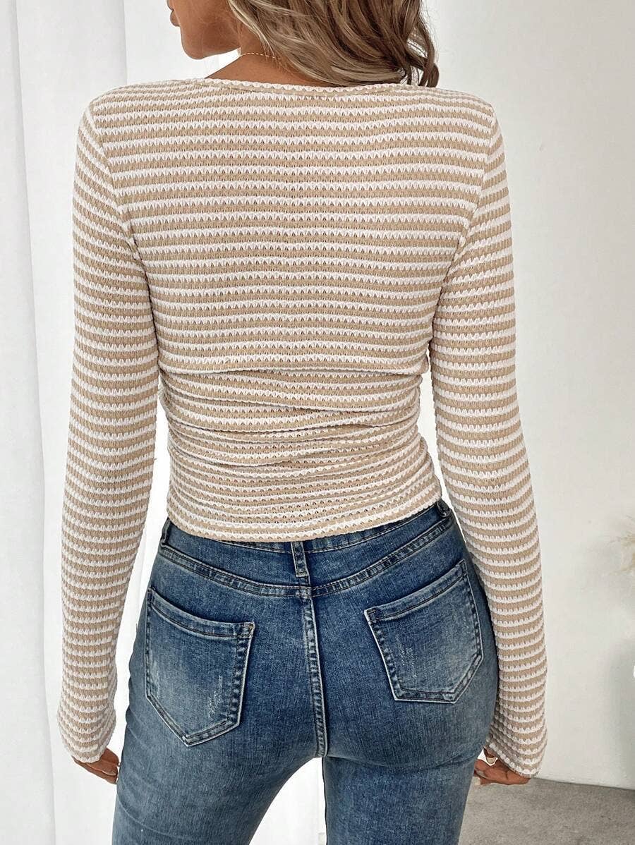 Tan Striped Square Neck Knit Top