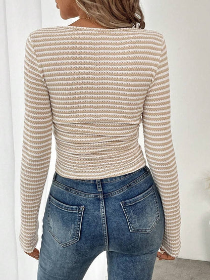 Tan Striped Square Neck Knit Top