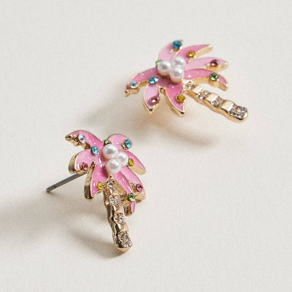 Pink Christmas Palm Tree Stud Earrings