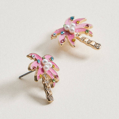 Pink Christmas Palm Tree Stud Earrings