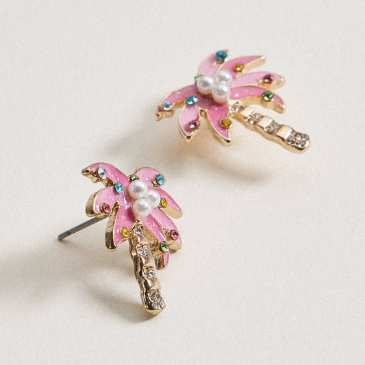 Pink Christmas Palm Tree Stud Earrings