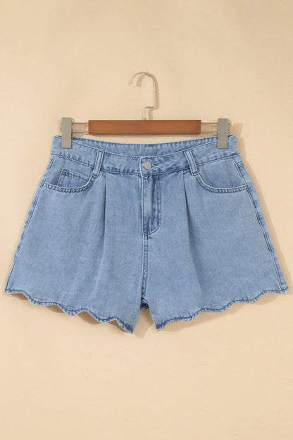 Light Wash Scalloped Trim Denim Shorts