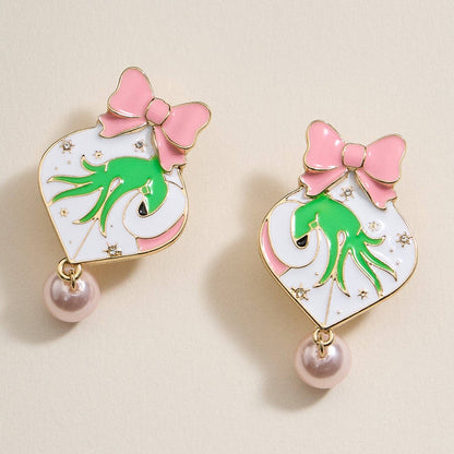 Green Monster Pink Heart Pearl Drop Earrings