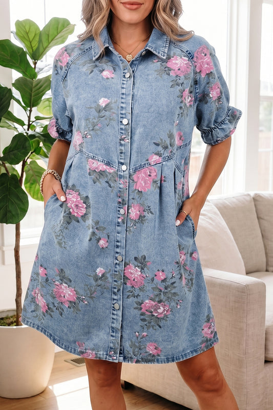 Floral Print Denim Short Sleeve Button Down Dress
